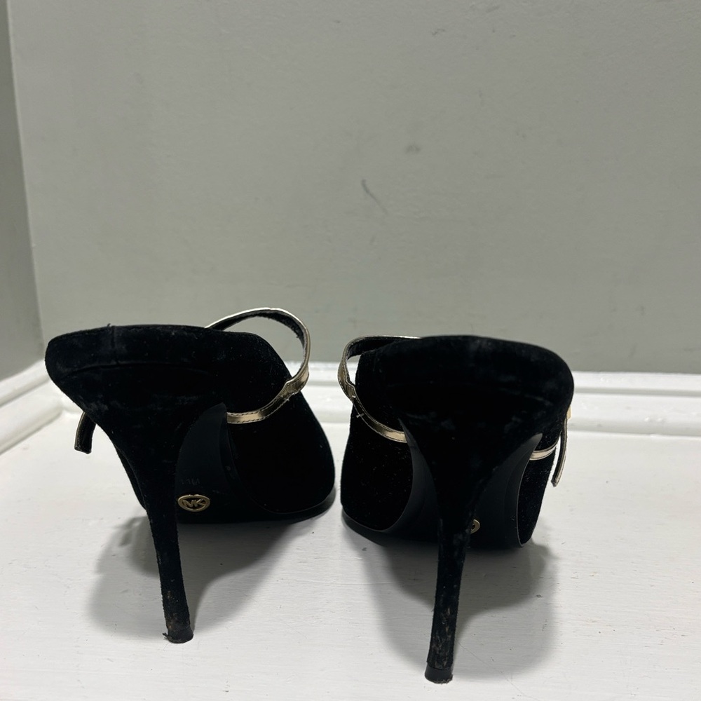 Michael Kors Black Suede Mule Heels with Gold Straps-size 11 - Picture 7 of 9